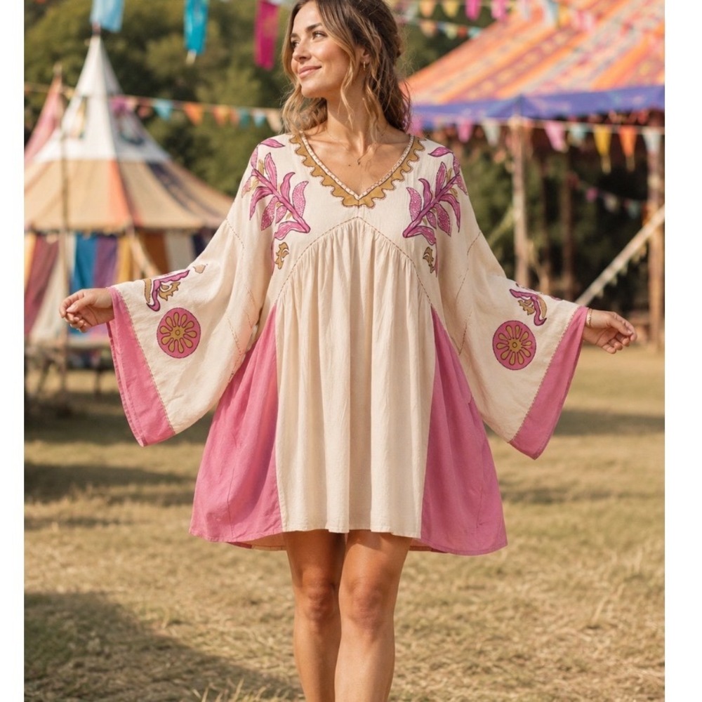 Easel boho large embroidery Bell Sleeve Mini Dress Pink Floral V-Neck Babydoll